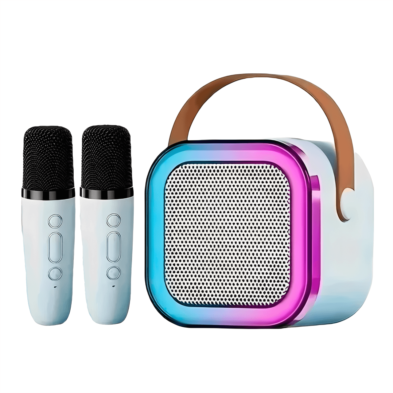 Caixa de som e karaokê infantil azul com dois microfones sem fio Bluetooth portátil