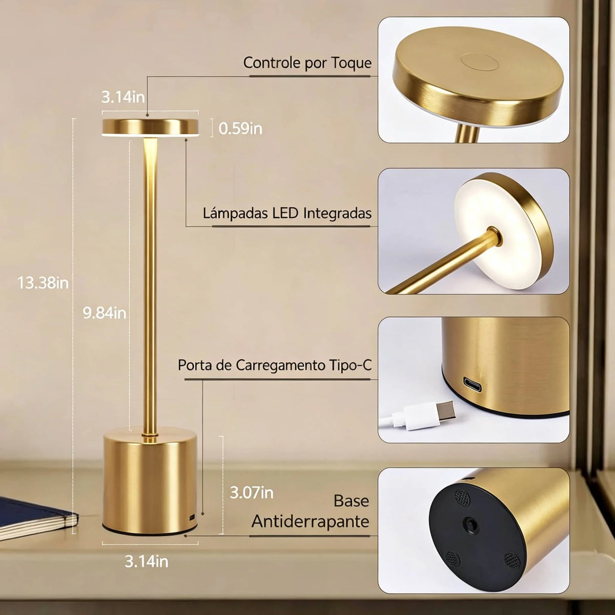 Luminária de Mesa LED com Toque Sem Fio