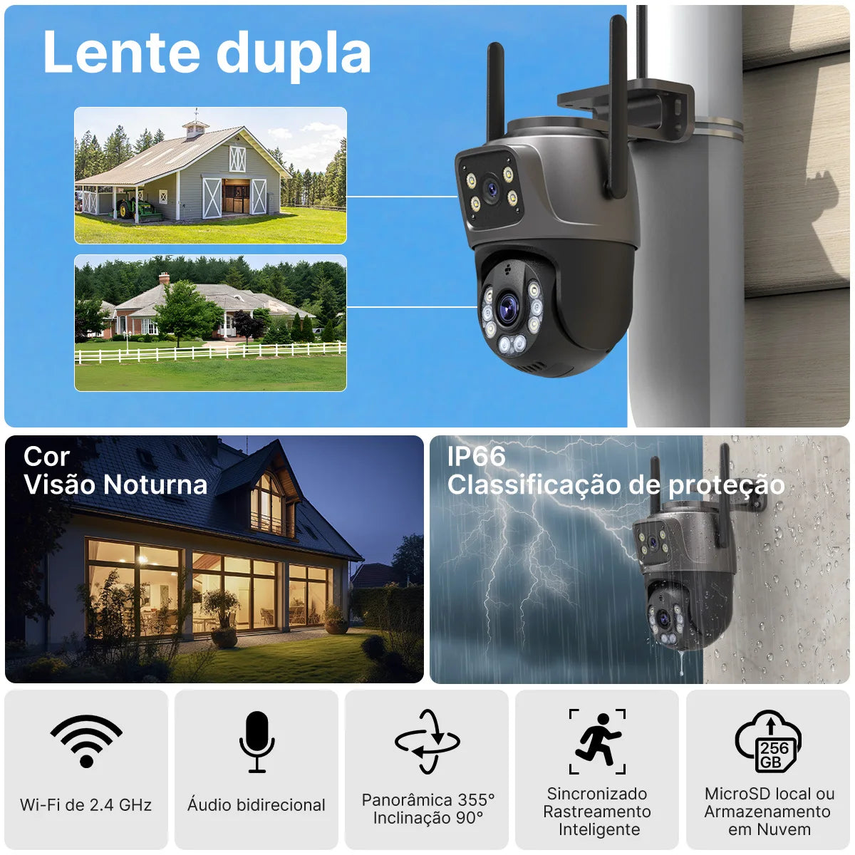 Câmera de Segurança Externa Dupla Lente à Prova d’Água