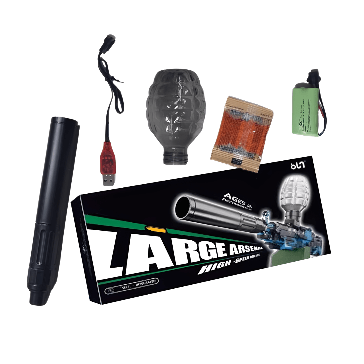 Acessórios do lançador de bolinhas de gel, com bateria recarregável, carregador USB, bolinhas de gel e silenciador