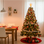 Árvore de Natal Pinheiro decorada com luzes e enfeites em sala de jantar, ideal para decoração natalina elegante