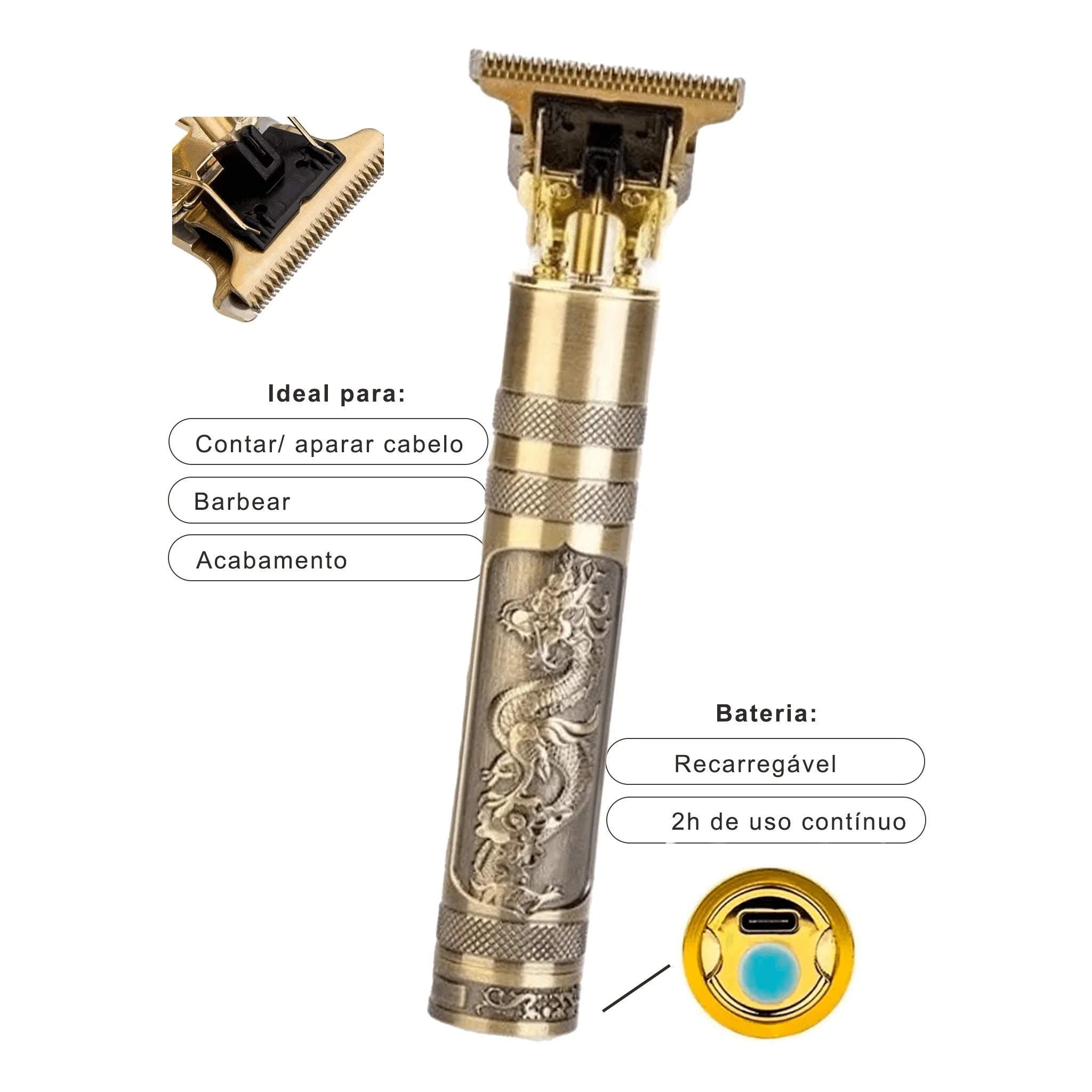 Máquina de acabamento, modelo dragão dourado, portátil e recarregável para cortes de cabelo e barba