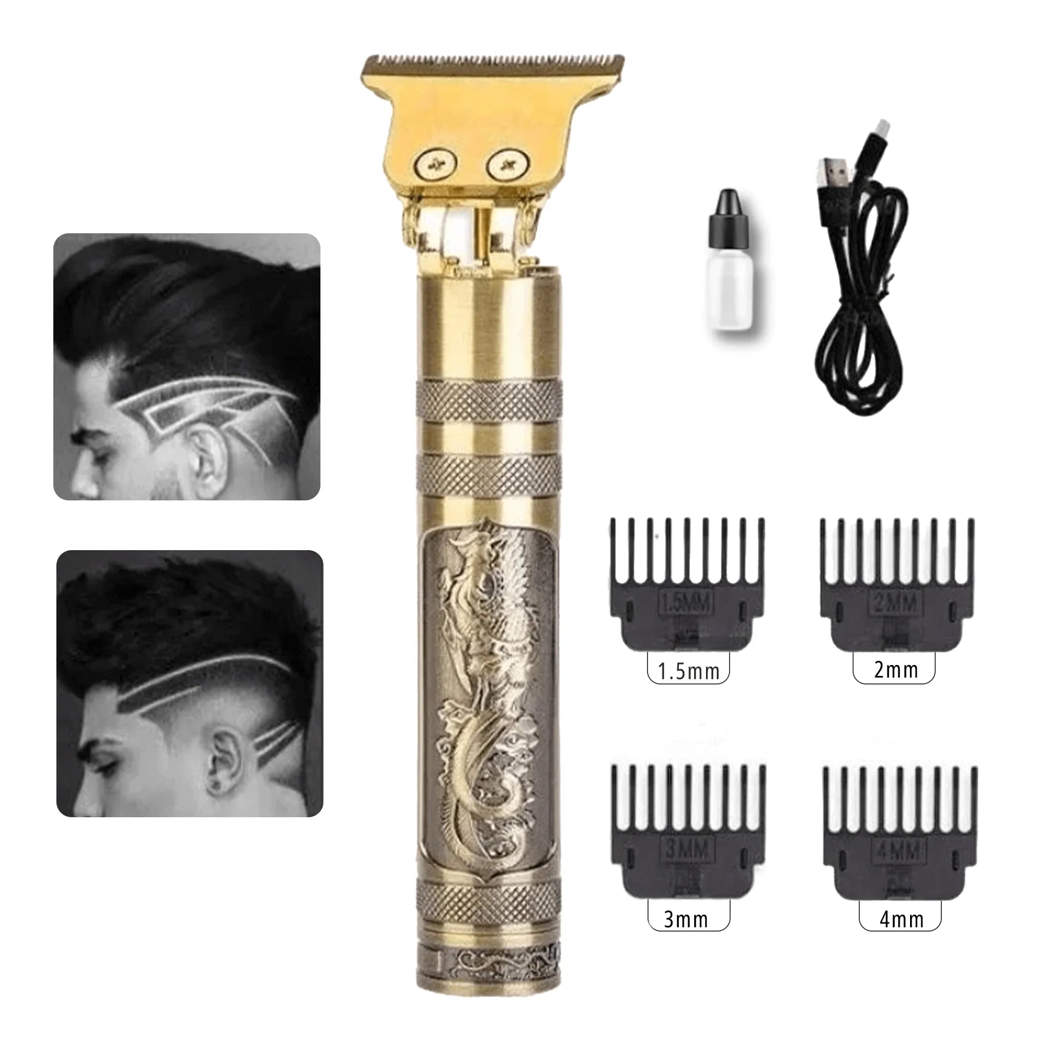Kit, barbeador, modelo dragão dourado, com pentes guia, cabo USB e acessórios completos para cortes