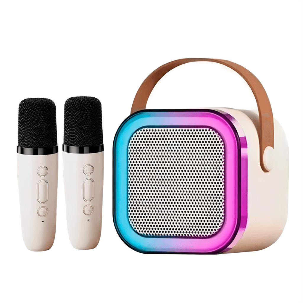 Caixa de som e karaokê infantil branca com dois microfones Bluetooth portátil