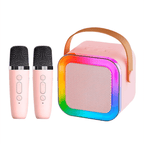 Caixa de som e karaokê infantil rosa com dois microfones Bluetooth portátil
