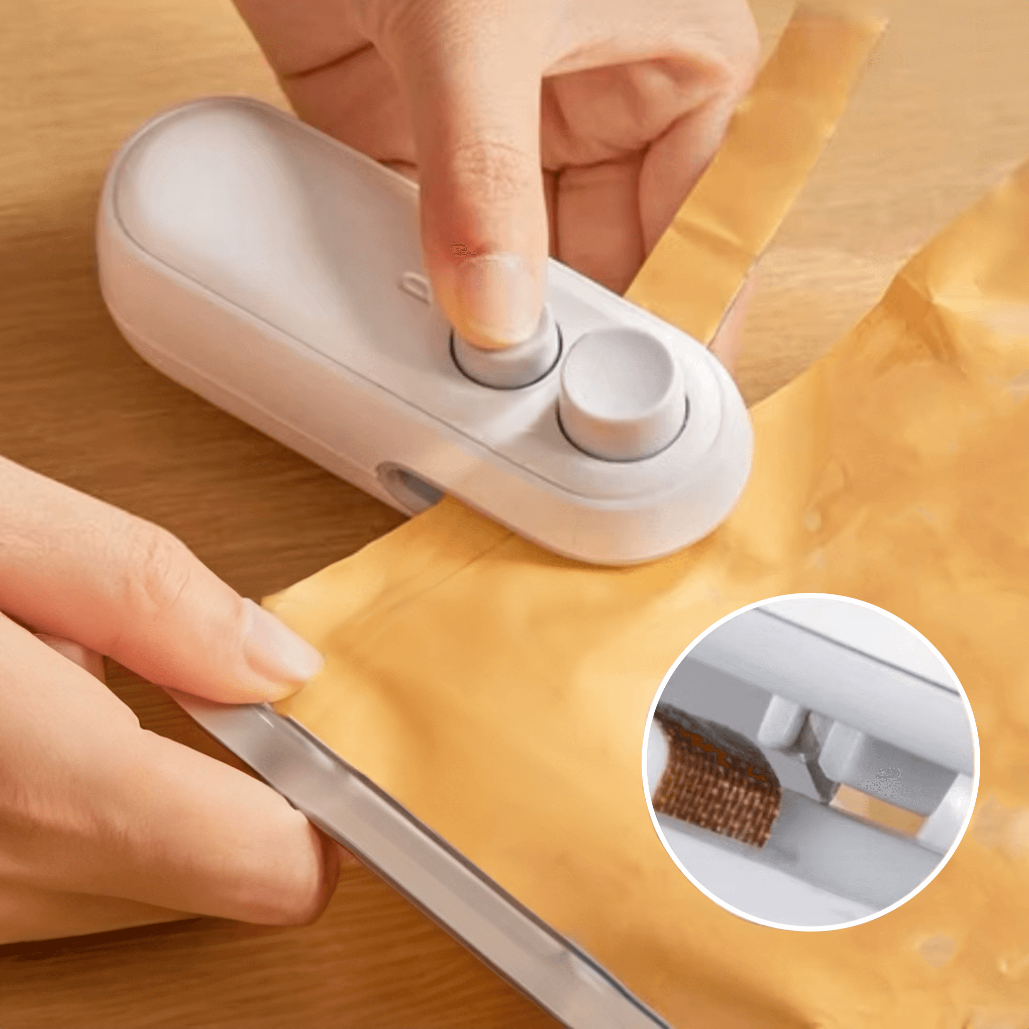 Mini selador 2 em 1 demonstrando a função de cortar embalagens de forma prática e segura