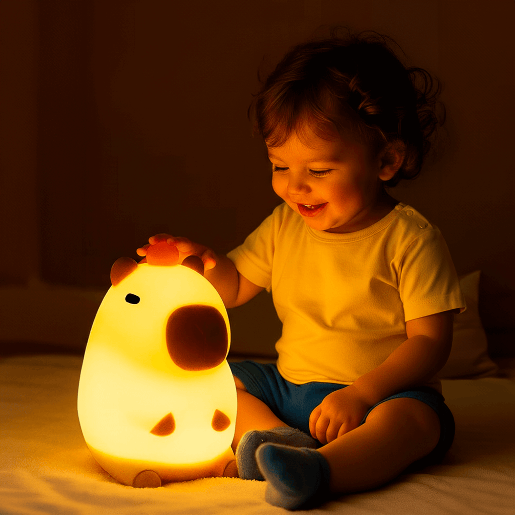 Criança sorrindo enquanto toca na Luminária Capivara acesa, luz noturna aconchegante para quarto infantil