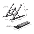 Medidas detalhadas da base ajustável para notebook portátil, mostrando altura e comprimento do suporte aberto e fechado