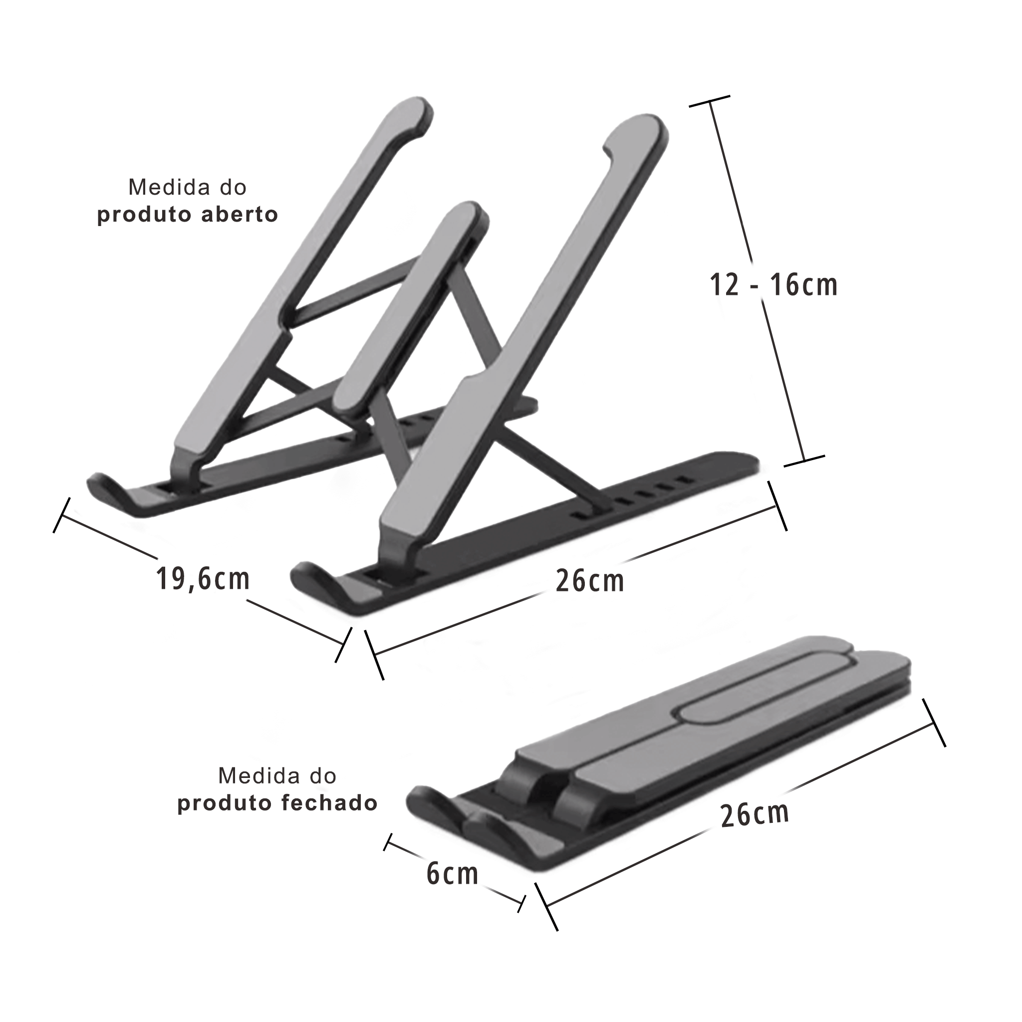 Medidas detalhadas da base ajustável para notebook portátil, mostrando altura e comprimento do suporte aberto e fechado