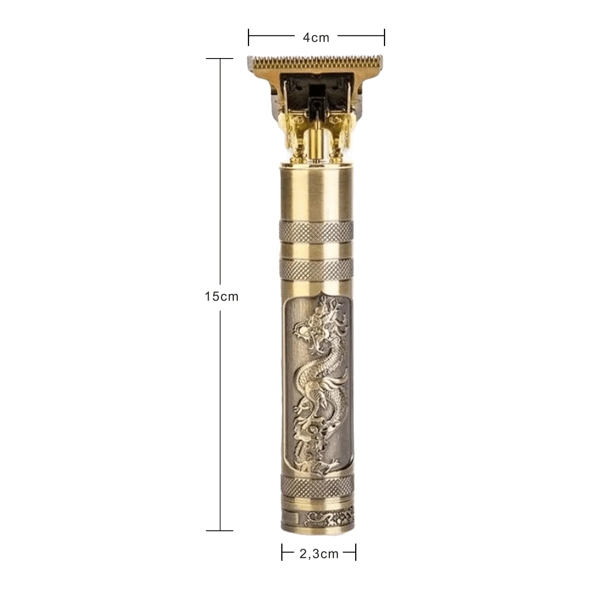 Dimensões da máquina de cortar cabelo, modelo dragão dourado, com altura, largura e profundidade detalhadas
