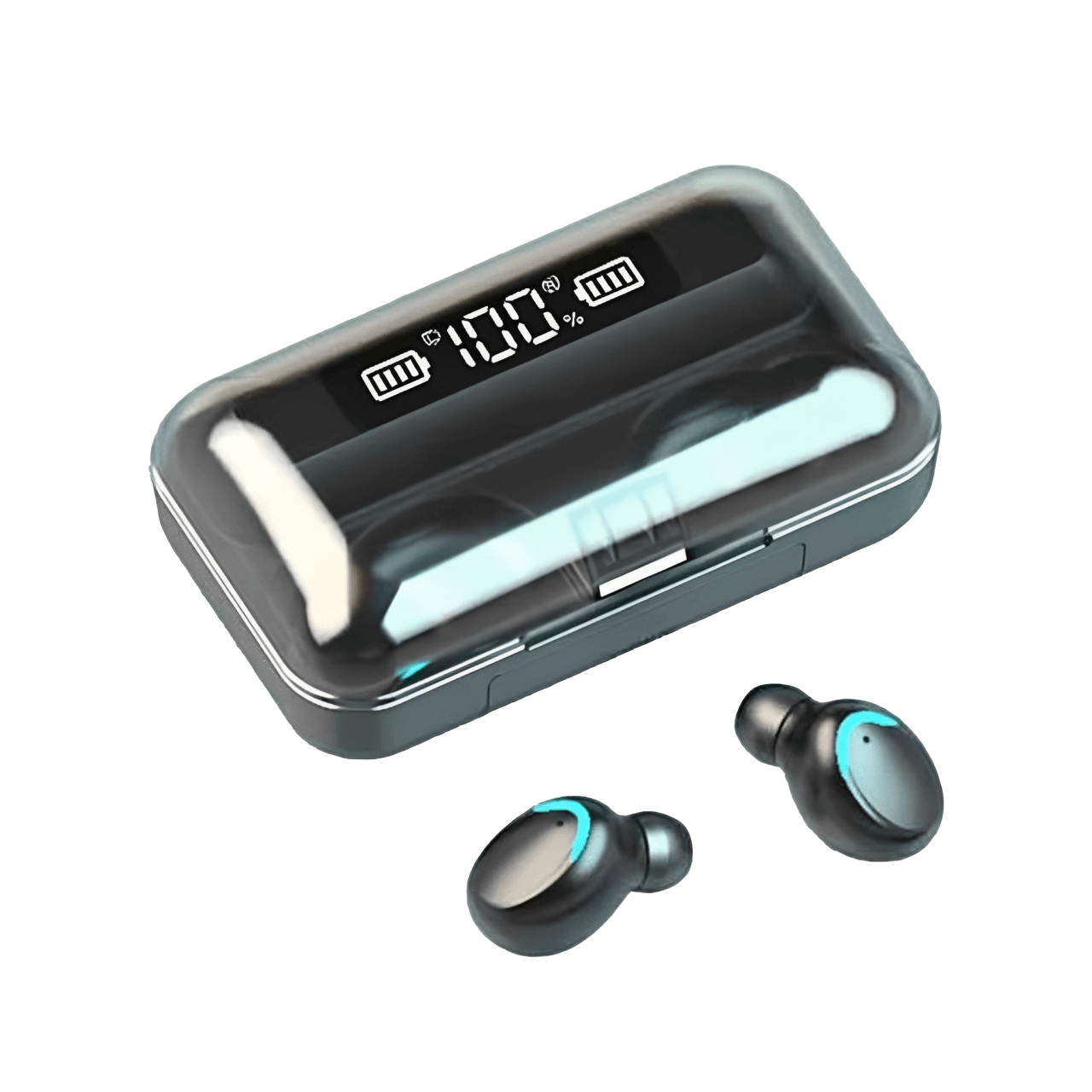 Case aberta dos fones TWS F9-5 mostrando visor digital e os fones fora da case