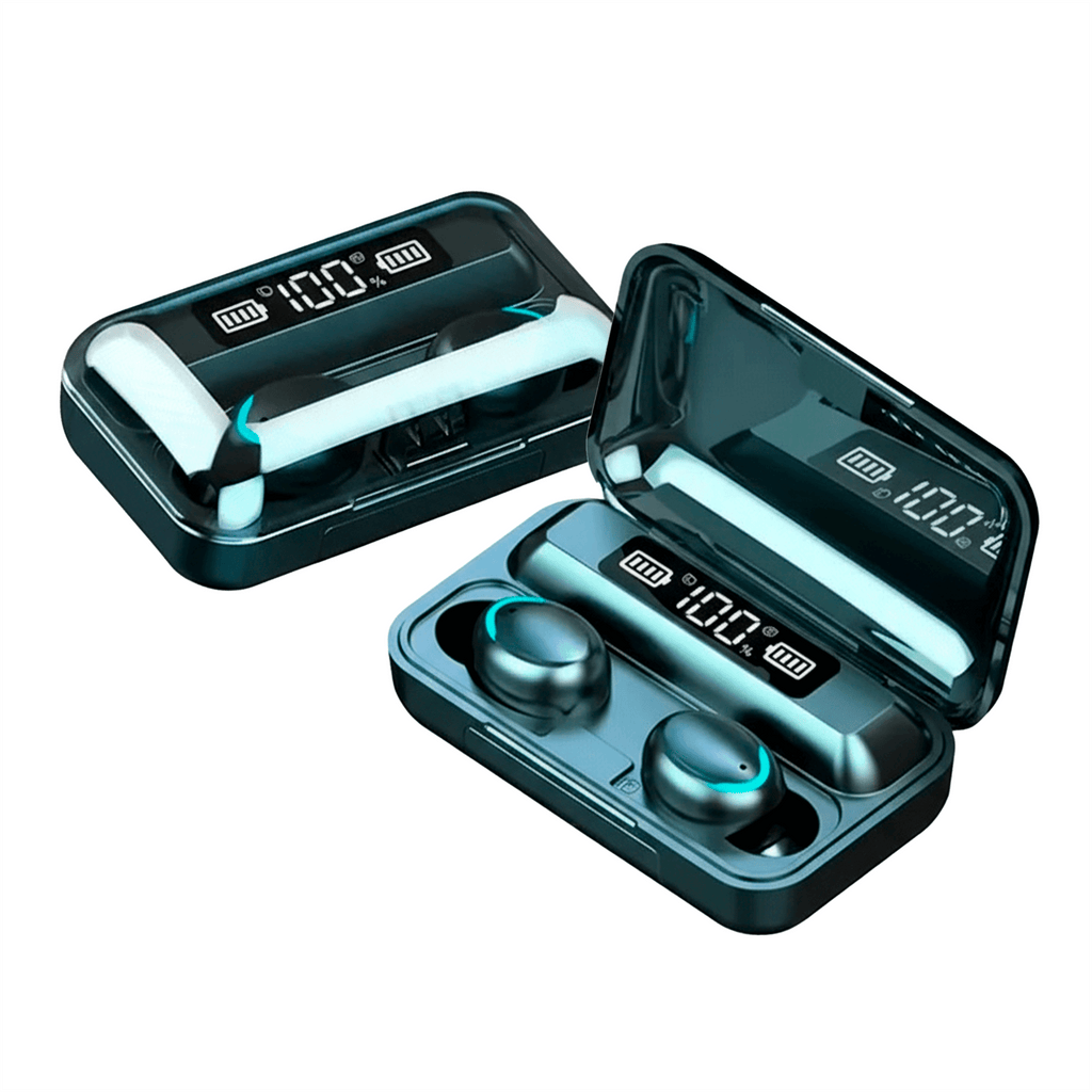 Fones de ouvido TWS F9-5 com display LED e design compacto em case transparente