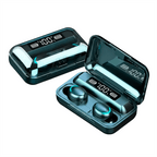 Fones de ouvido TWS F9-5 com display LED e design compacto em case transparente