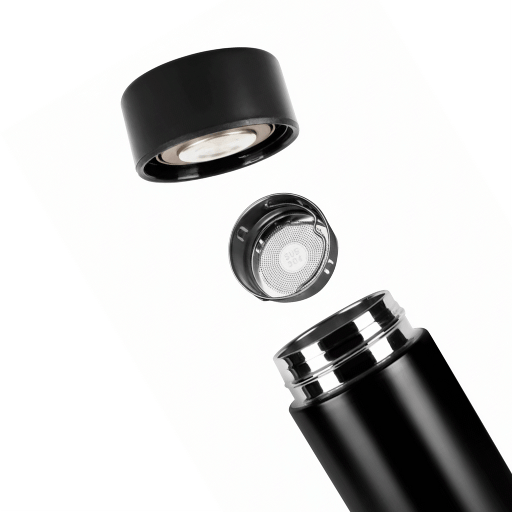 Interior da garrafa térmica de inox com filtro em aço inoxidável e tampa com termômetro digital