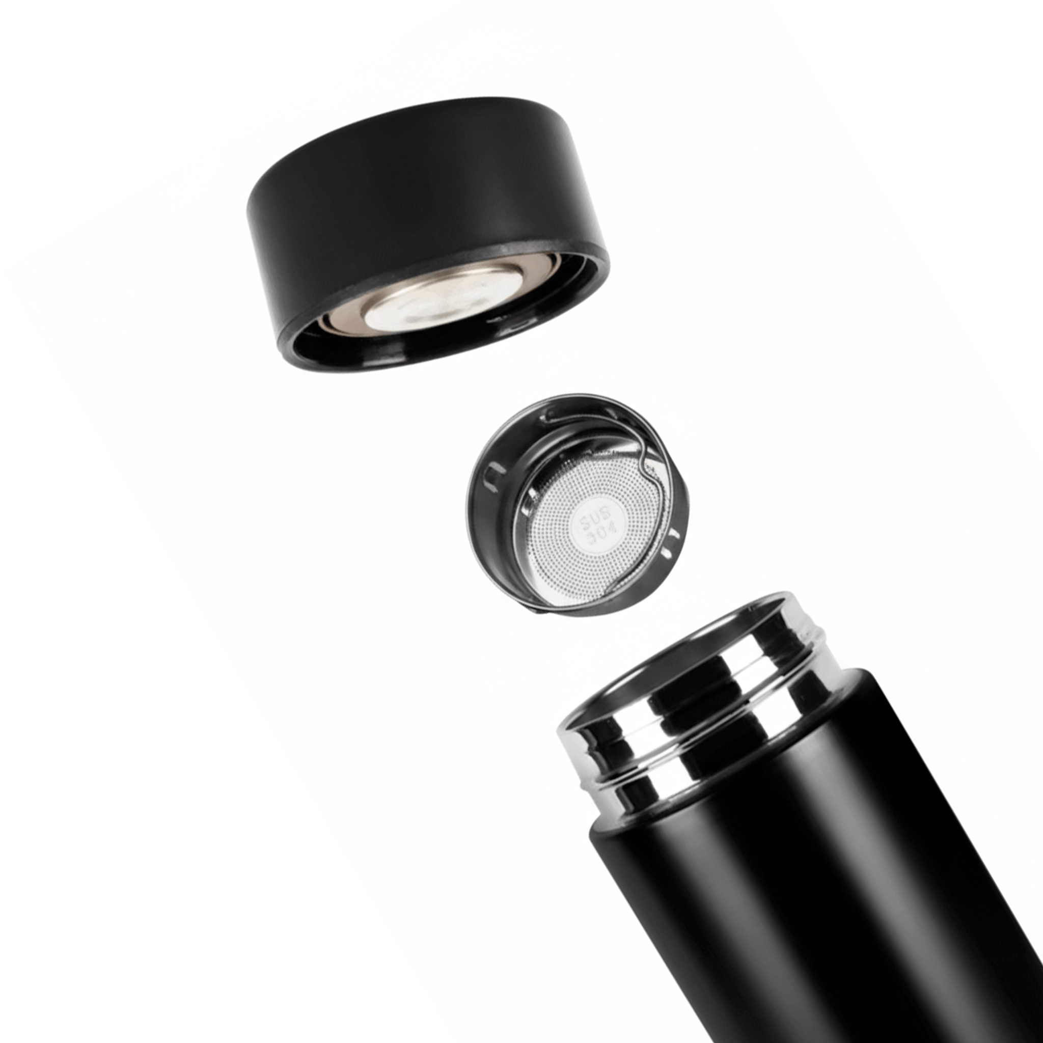 Interior da garrafa térmica de inox com filtro em aço inoxidável e tampa com termômetro digital