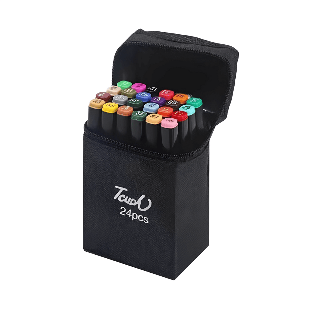 conjunto com 24 canetas coloridas dupla ponta com tons variados e estojo organizador