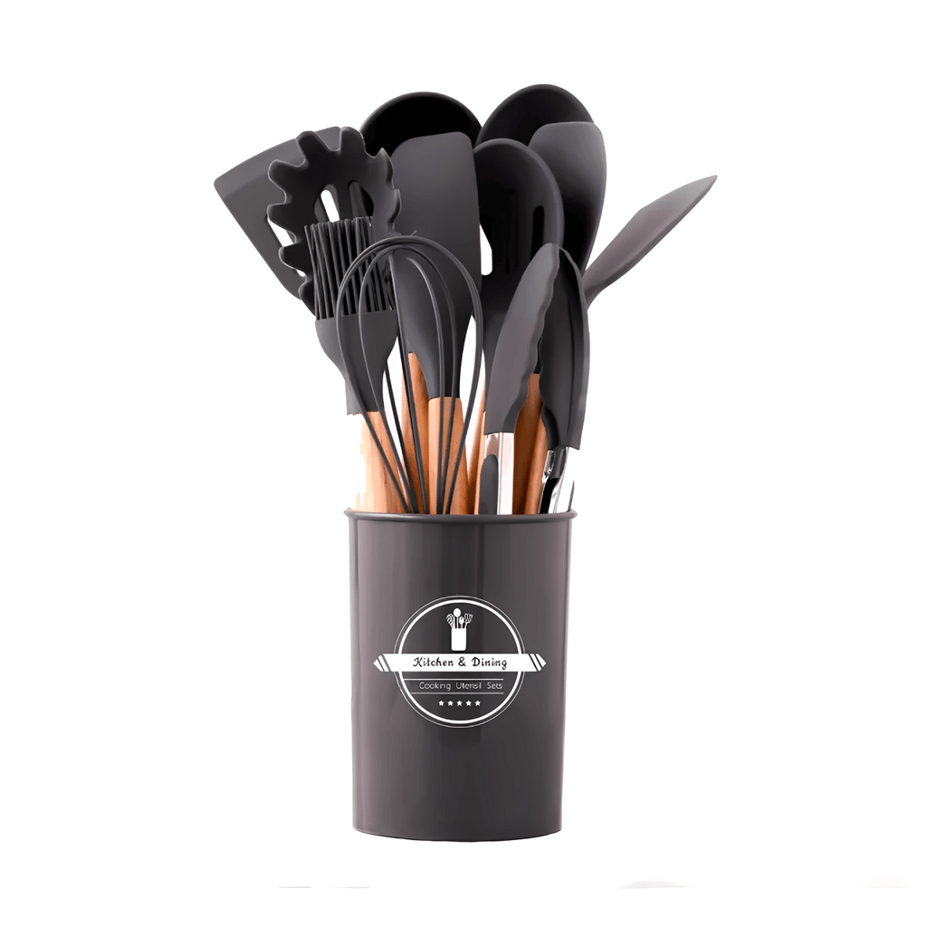 Kit de utensílios de cozinha com 12 peças em silicone preto e cabo de madeira, ideal para sua cozinha