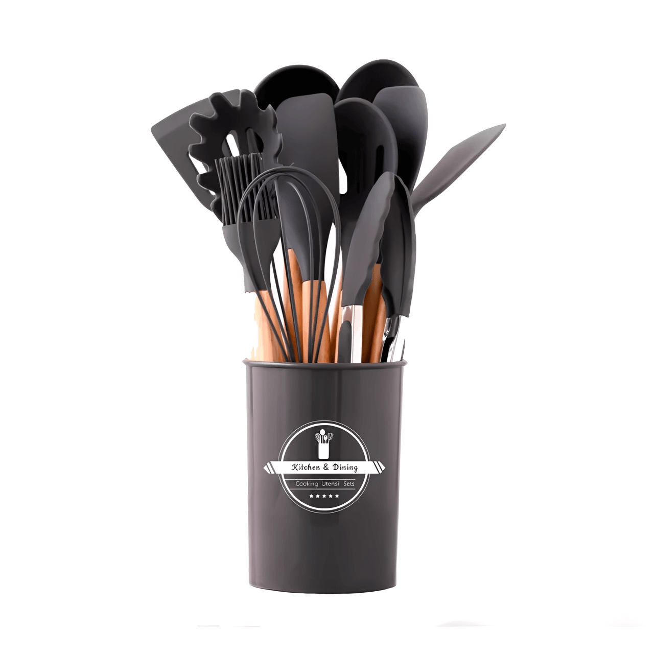 Kit de utensílios de cozinha com 12 peças em silicone preto e cabo de madeira, ideal para sua cozinha