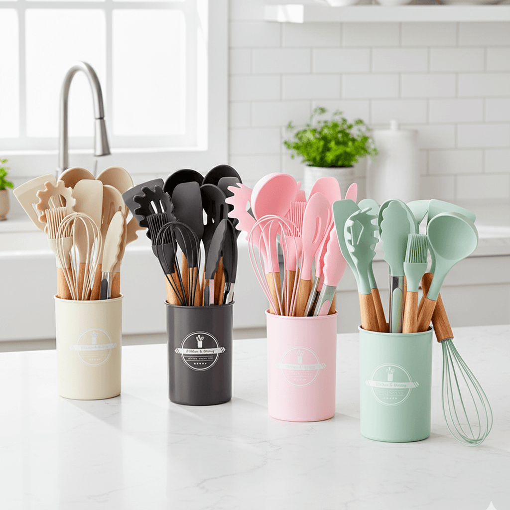 Conjunto de utensílios de cozinha com 12 peças em silicone e cabo de madeira, disponível em diversas cores 