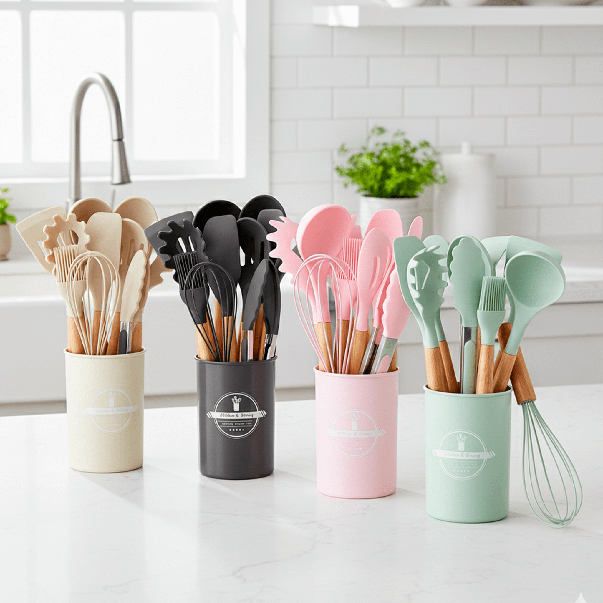 Conjunto de utensílios de cozinha com 12 peças em silicone e cabo de madeira, disponível em diversas cores 