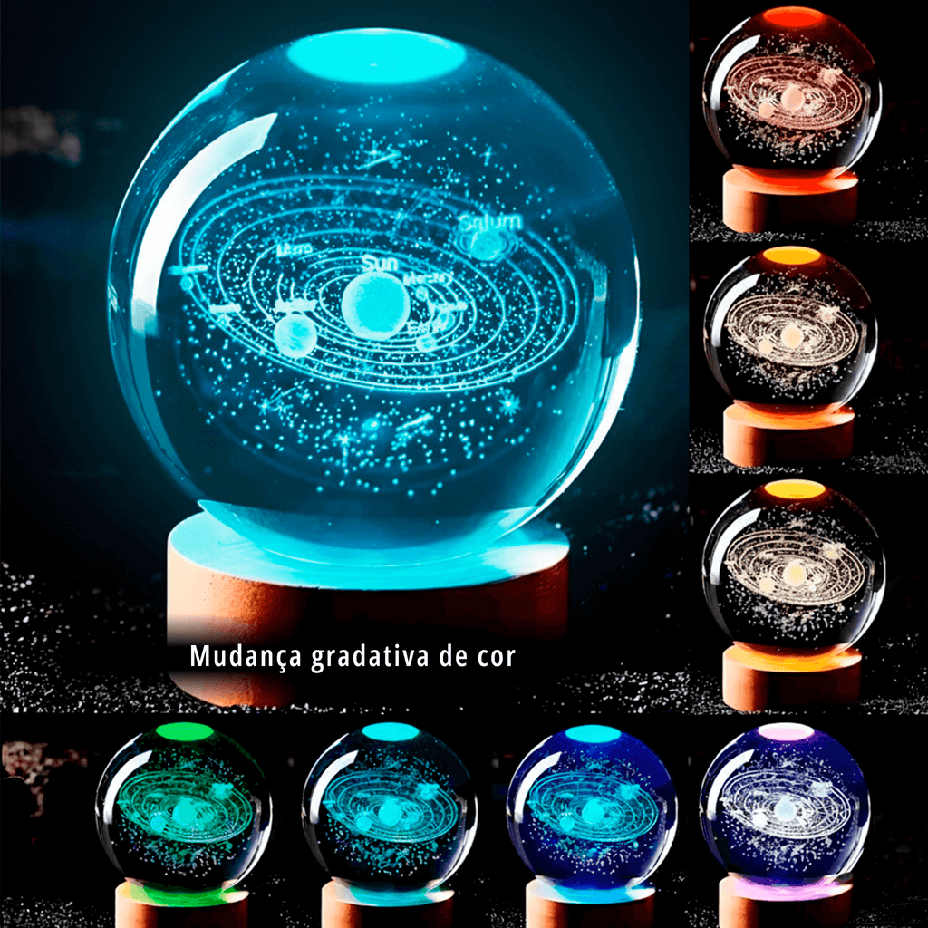 Luminária Bola de Cristal Galáxia com mudança gradual de cor, exibindo diferentes tonalidades luminosas e efeito 3D