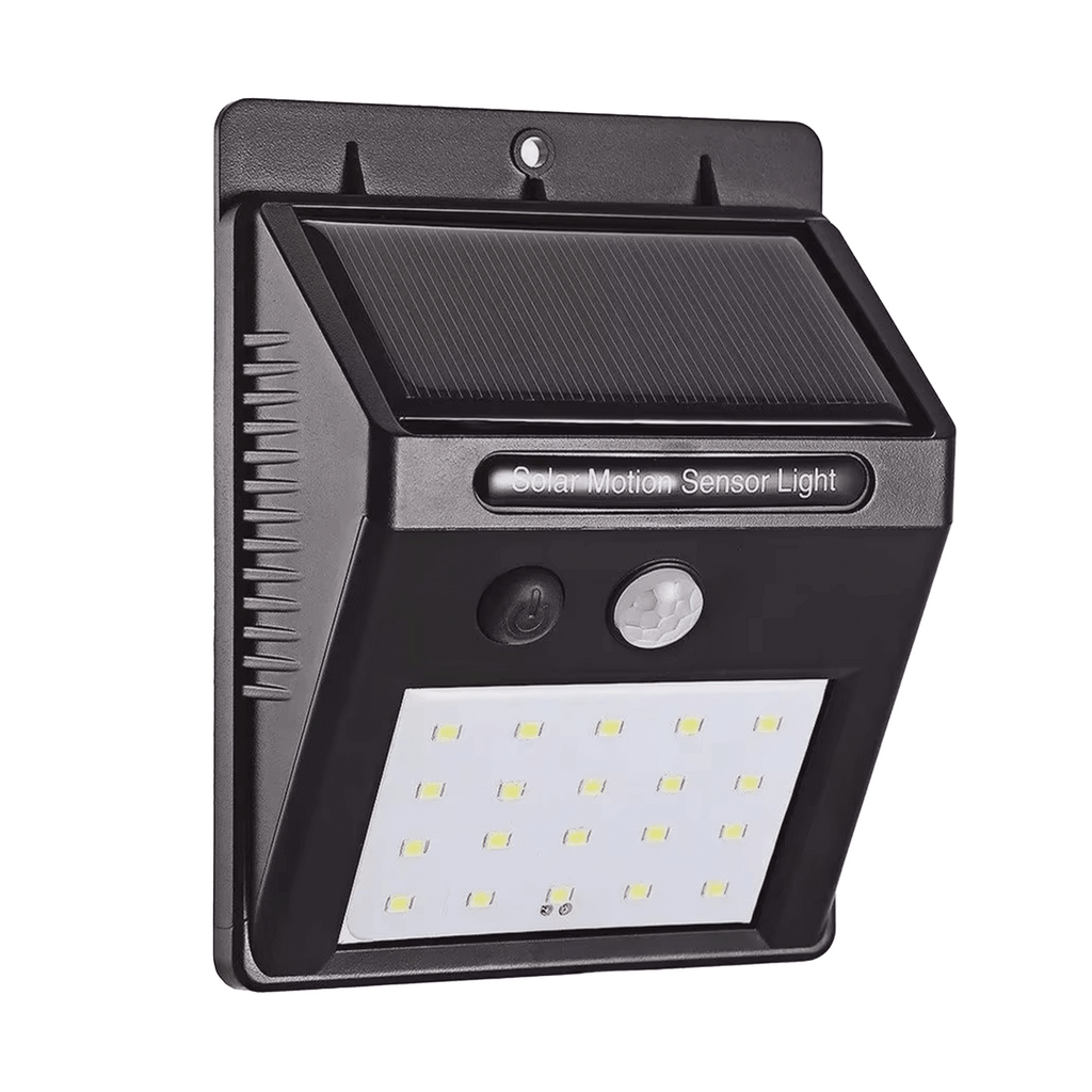 Luminária solar com sensor de presença em design compacto, equipada com painel solar e LEDs de alta potência