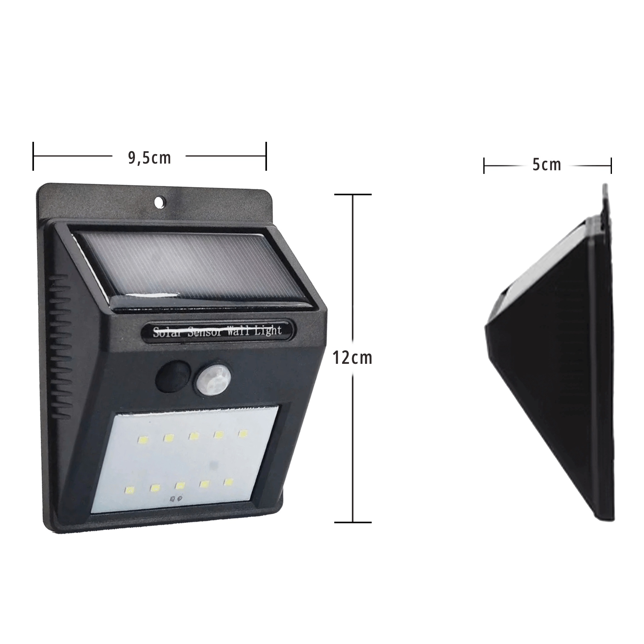 Dimensões da luminária solar com sensor de presença, mostrando altura de 12cm, largura de 9,5cm e profundidade de 5cm.
