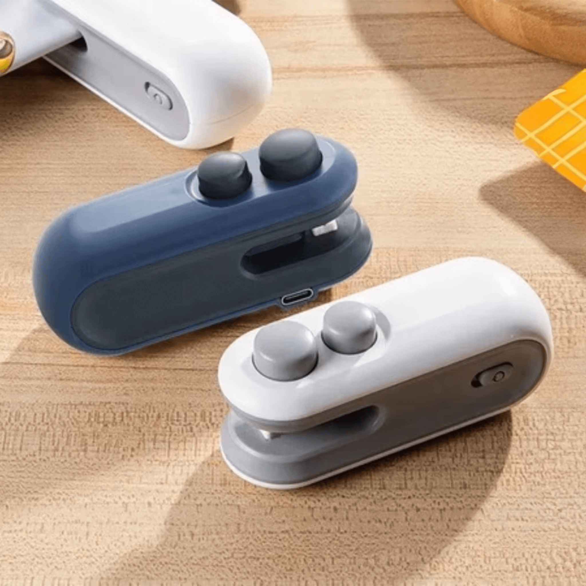 Mini selador e cortador de embalagens em várias cores disponíveis, compacto e portátil