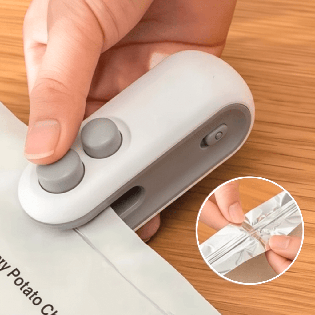 Mini selador de embalagens portátil mostrando a função de selar plásticos e conservar alimentos