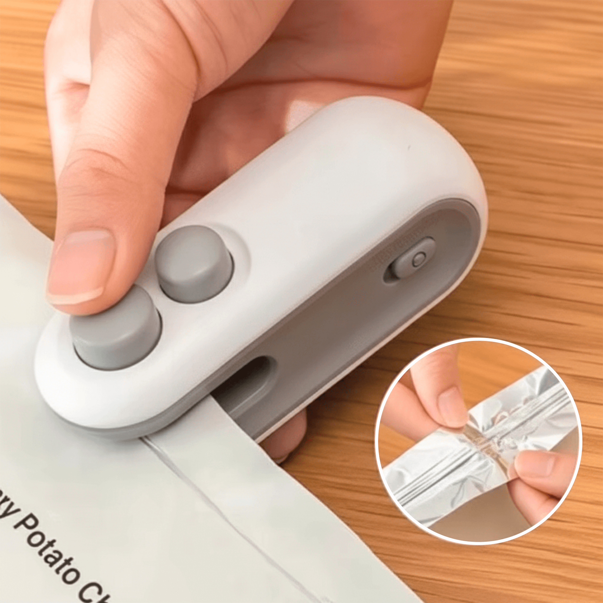 Mini selador de embalagens portátil mostrando a função de selar plásticos e conservar alimentos