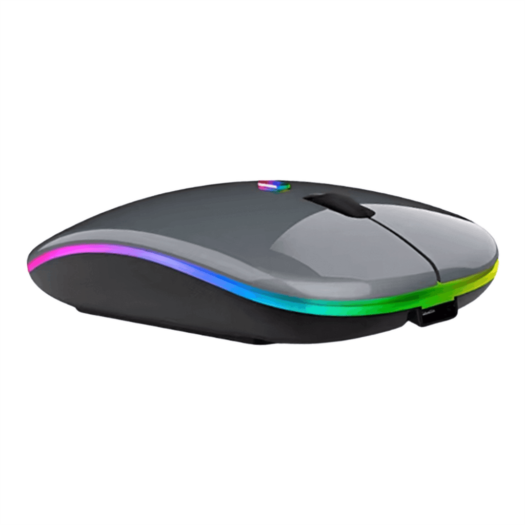 Mouse sem fio cinza com LED RGB, conexão 2.4GHz e design ergonômico recarregável