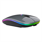 Mouse sem fio cinza com LED RGB, conexão 2.4GHz e design ergonômico recarregável