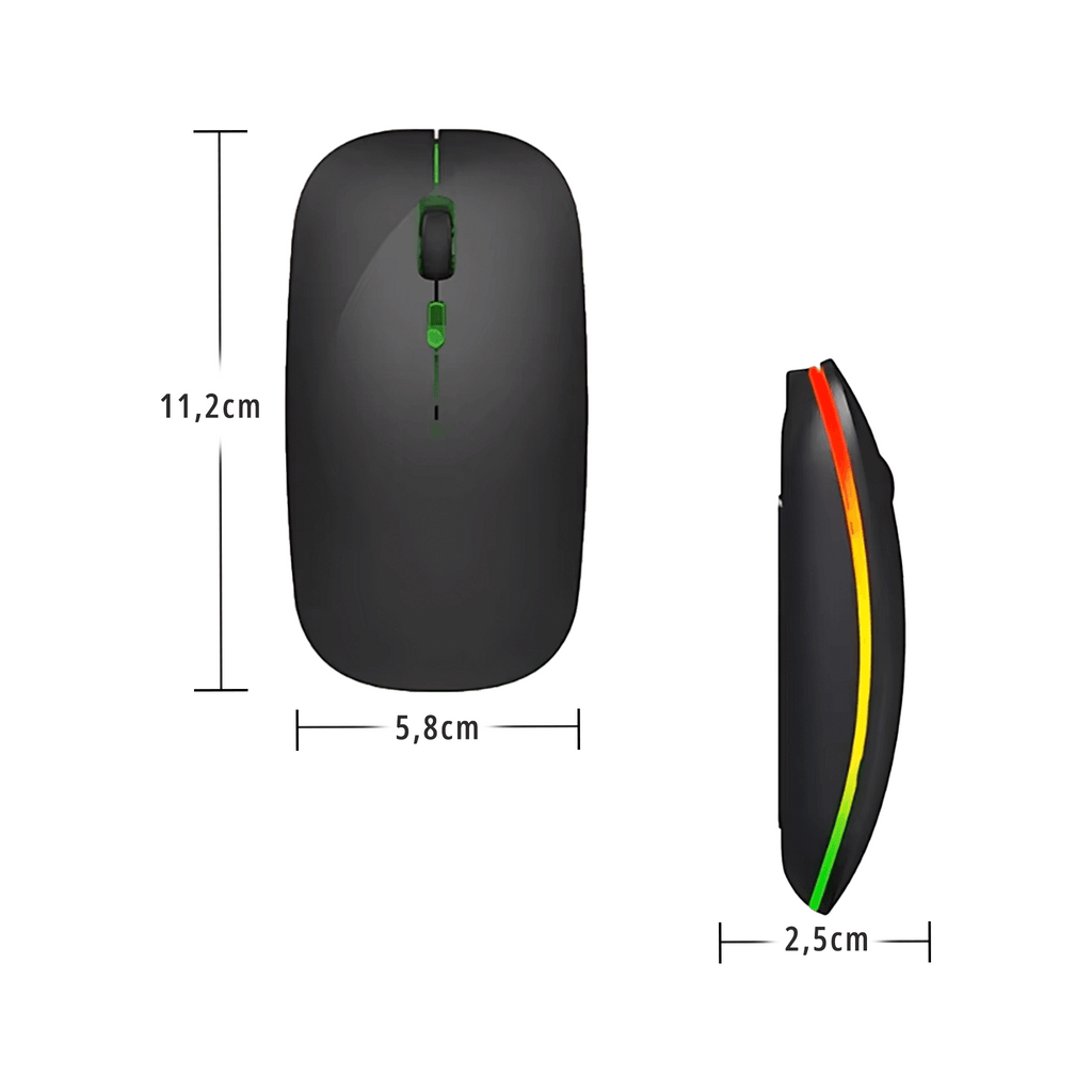 Dimensões do Mouse Sem Fio LED RGB 2.4GHz — 11,2cm x 5,8cm x 2,5cm
