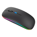 Mouse sem fio preto com iluminação LED RGB e conexão 2.4GHz recarregável