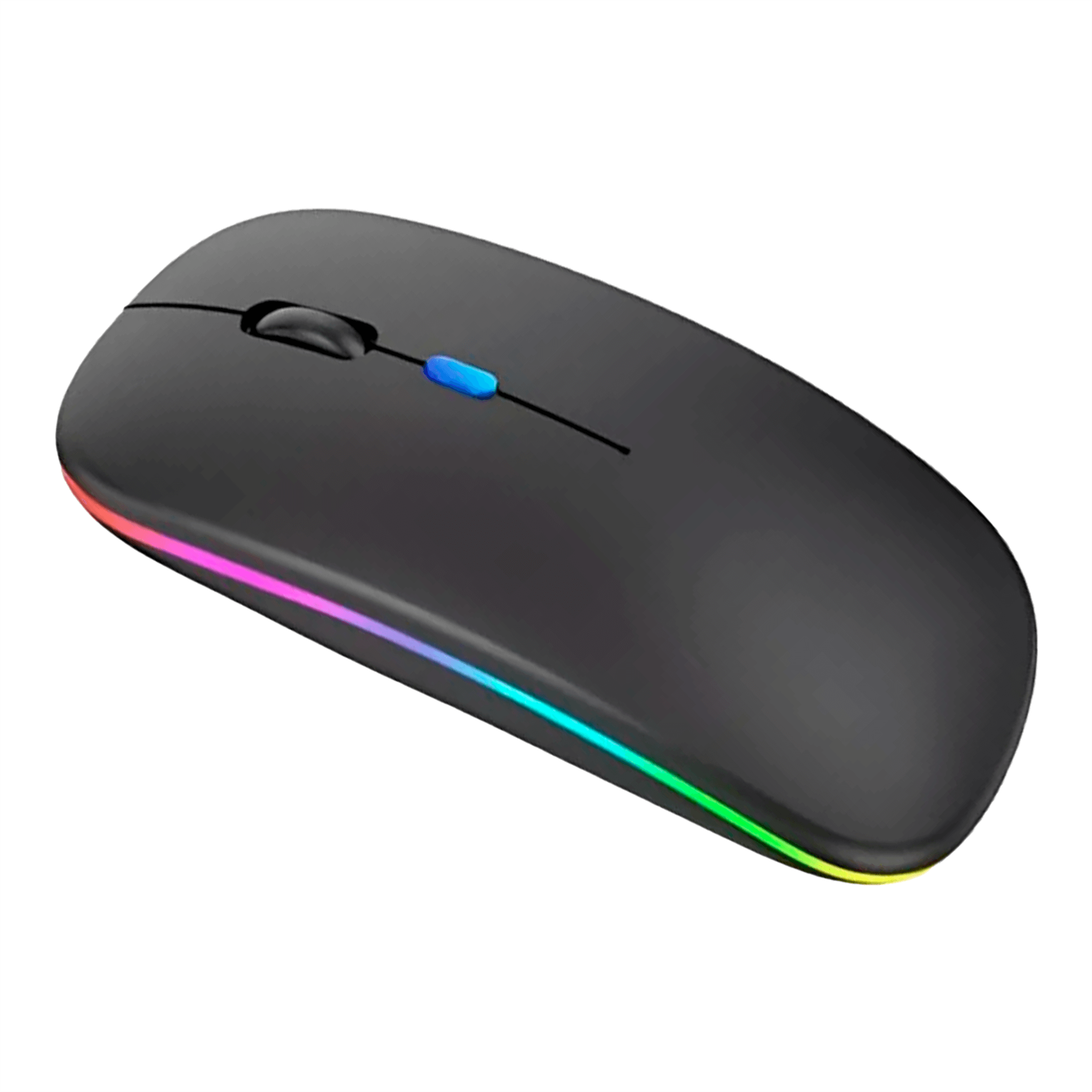 Mouse sem fio preto com iluminação LED RGB e conexão 2.4GHz recarregável