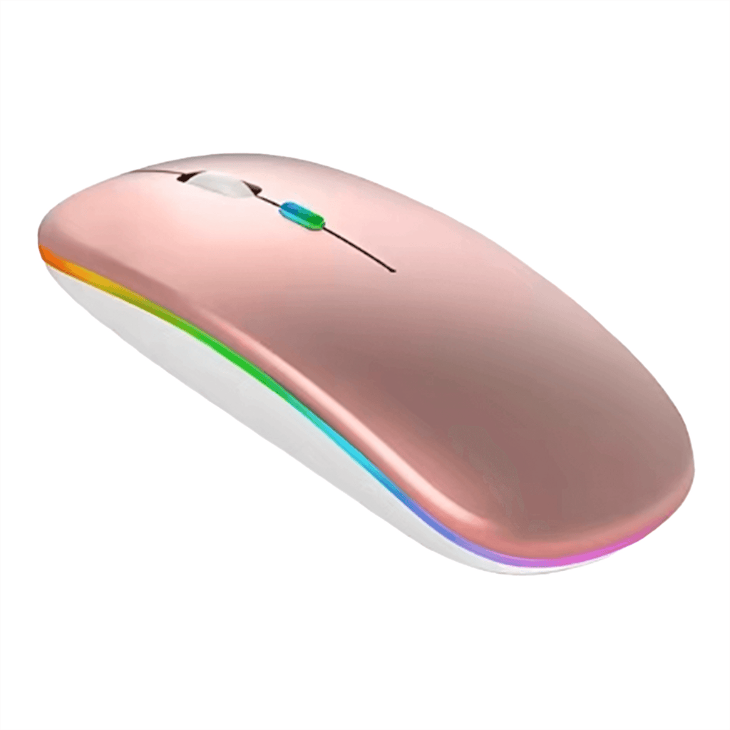 Mouse sem fio rosa com iluminação LED RGB 2.4GHz — modelo silencioso e recarregável