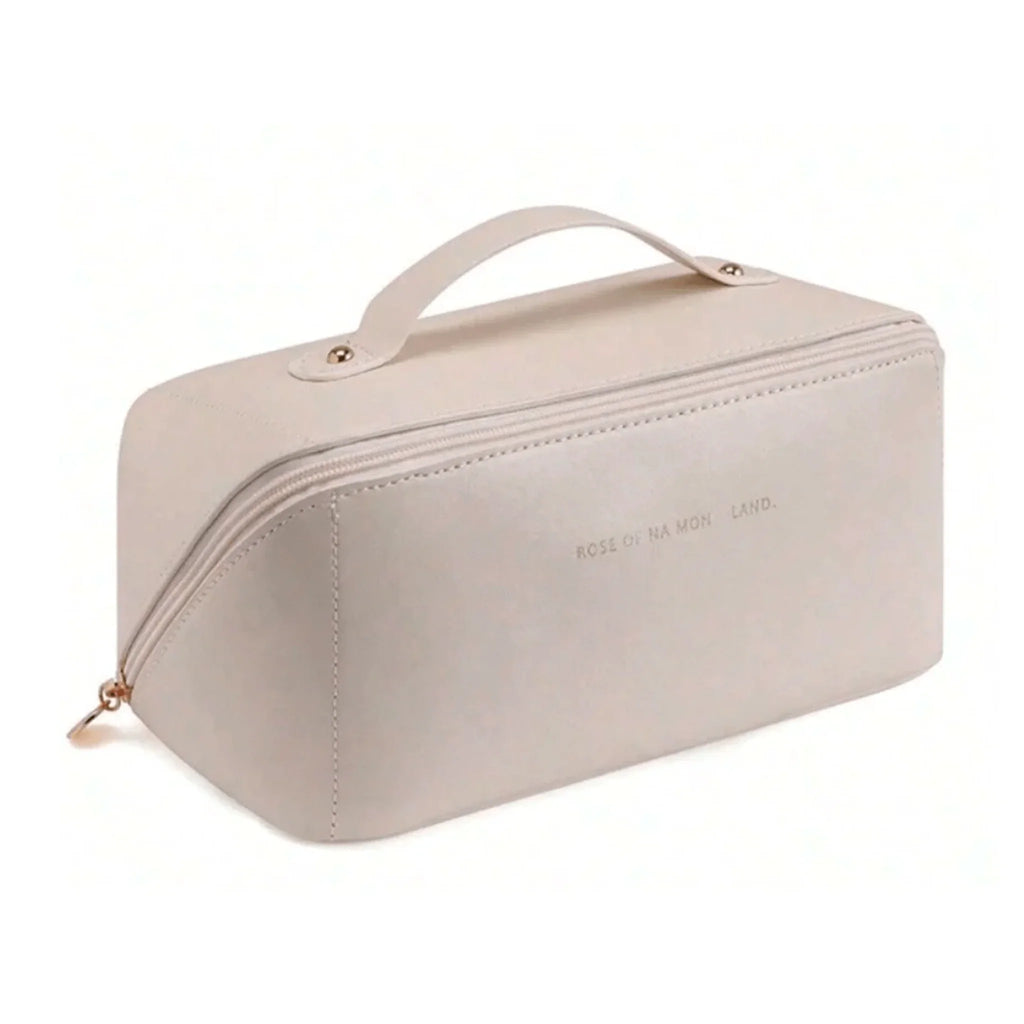 Necessaire branca organizadora em couro sintético de microfibra resistente, ideal para cosméticos e acessórios