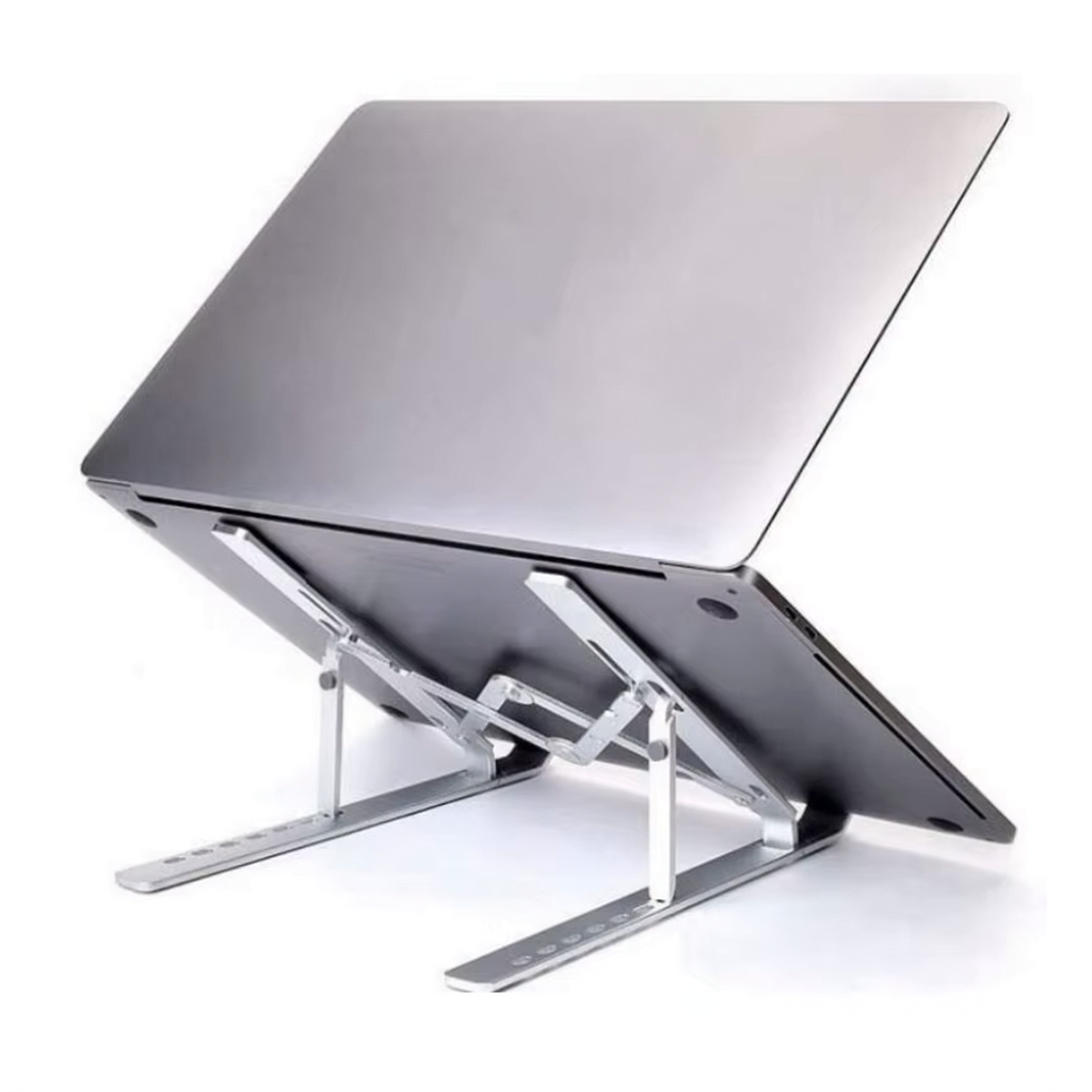 Vista traseira do suporte ajustável de alumínio para notebook, mostrando estrutura resistente e regulável