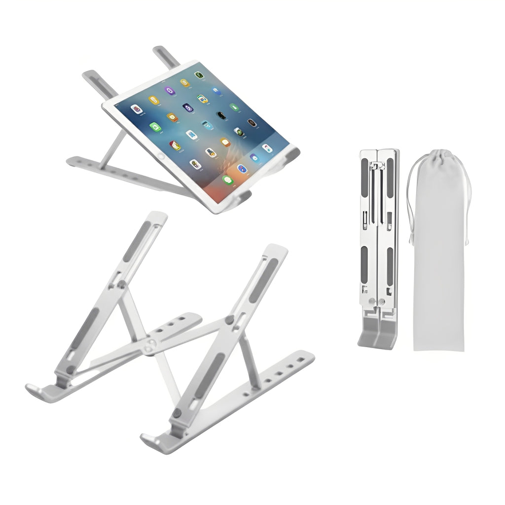 Suporte ajustável de alumínio sendo usado com notebook e tablet, mostrando versatilidade e design dobrável