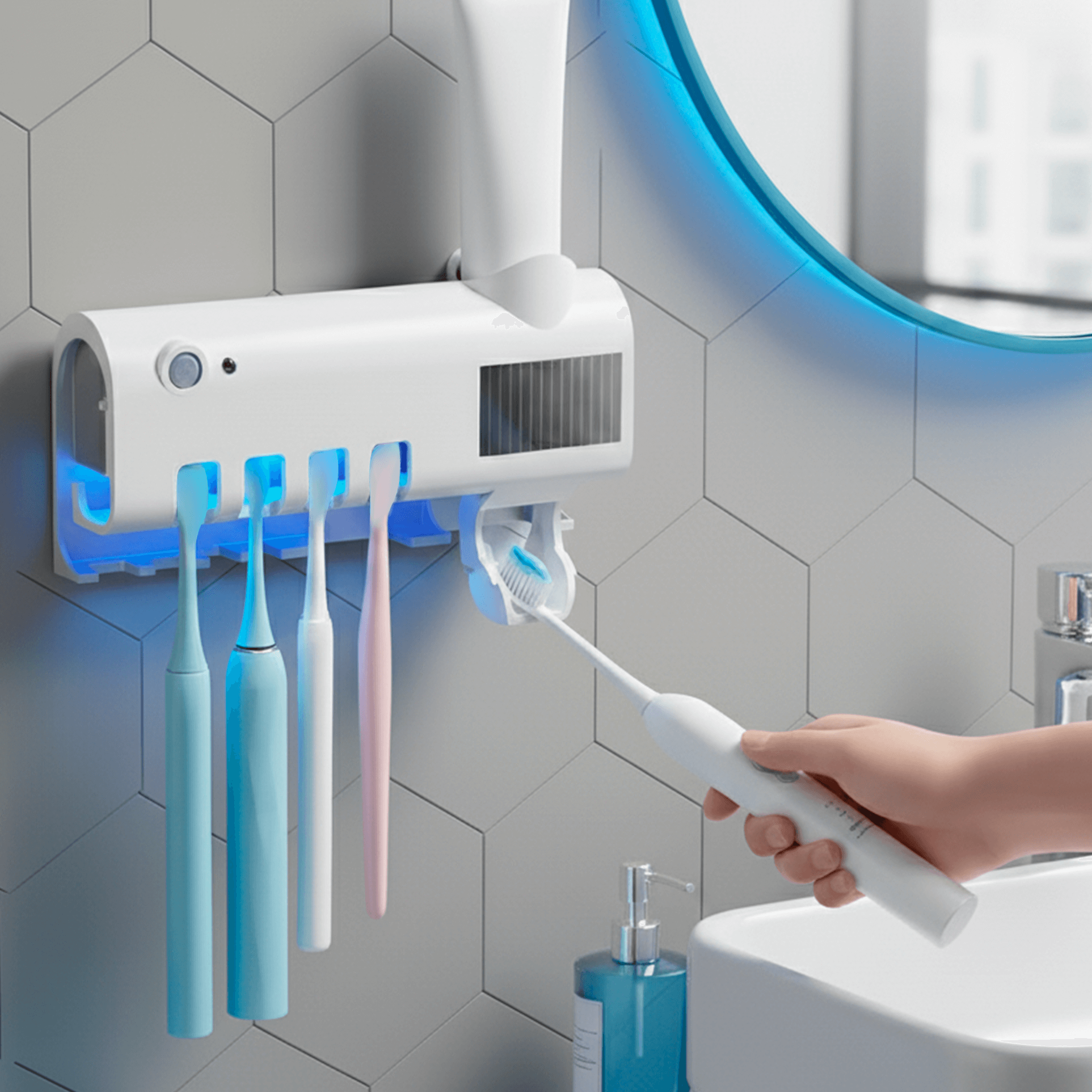 Pessoa utilizando o suporte inteligente para escova de dentes com dispenser automático e luz UV antibacteriana instalado no banheiro 
